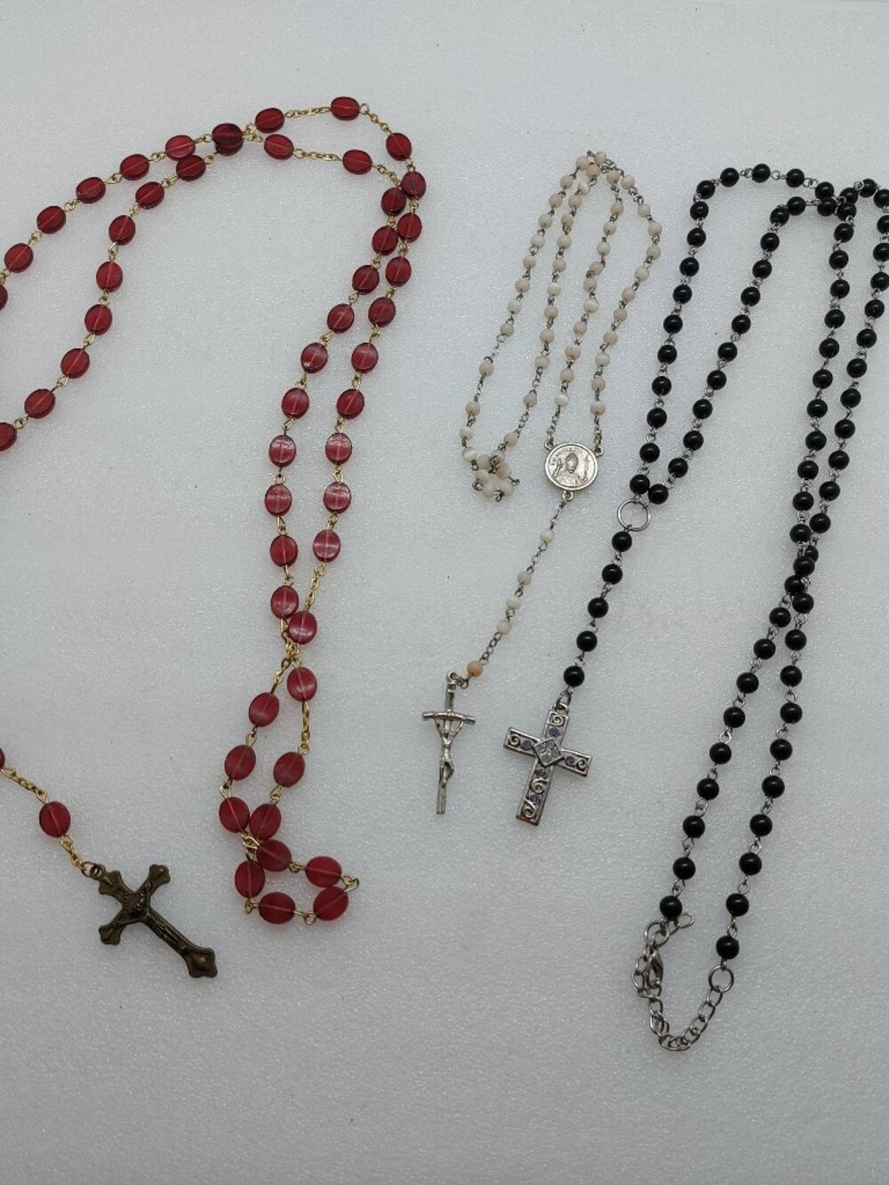 3 Vintage Cross Rosary One Made In Italy, Plastic Red Flat Beads, Black Beads
